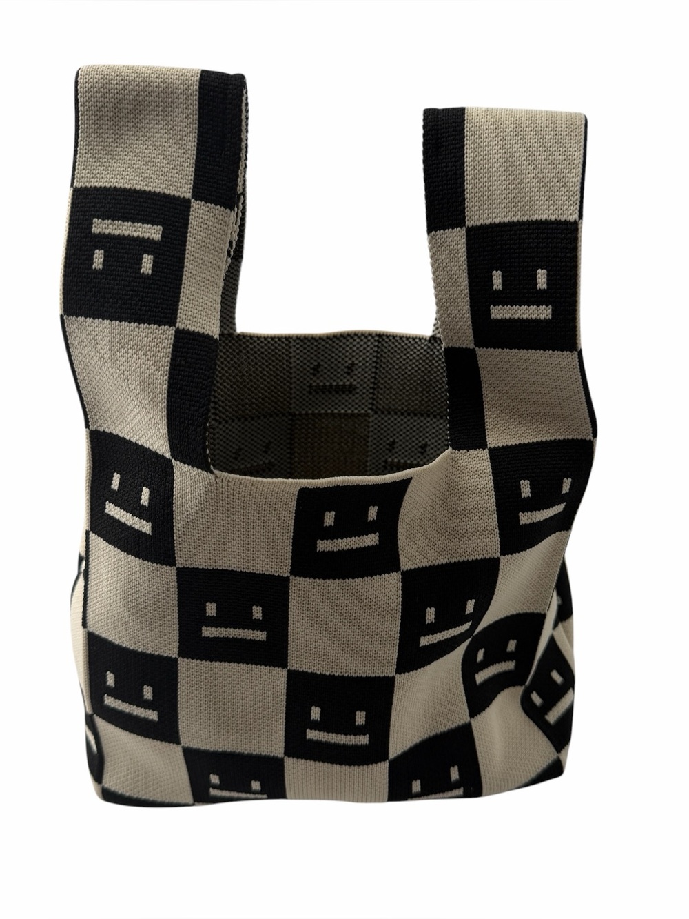 Checkered Smiley Face Knit Wristlet Tote Bag Hipster Indie Playful Modern Retro